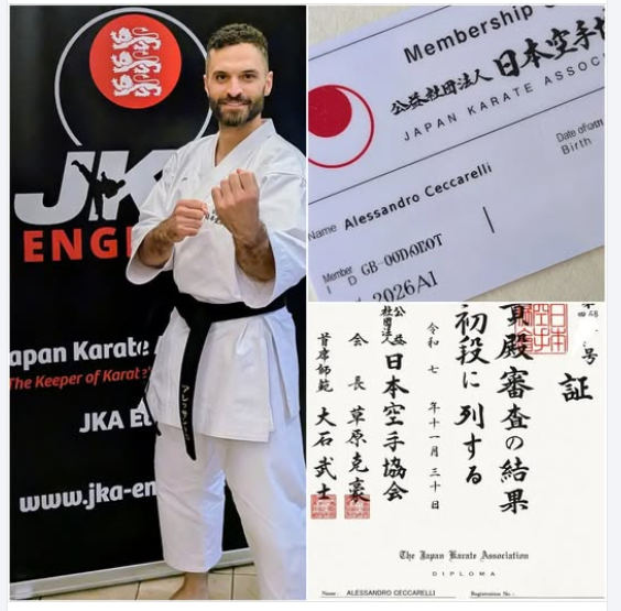 Alessandro in a white gi and black belt in front of a JKA England banner.