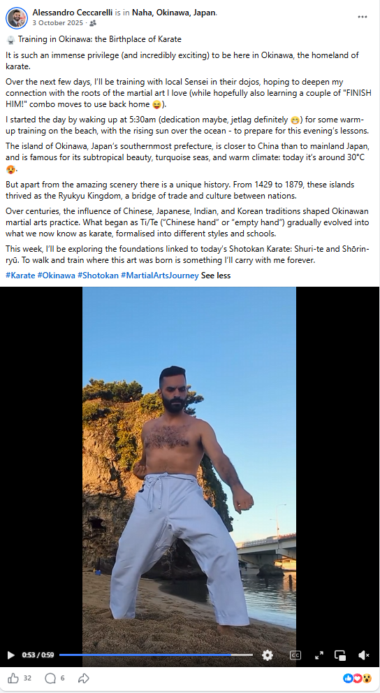 Alessandro practising karate on a beach in Okinawa.