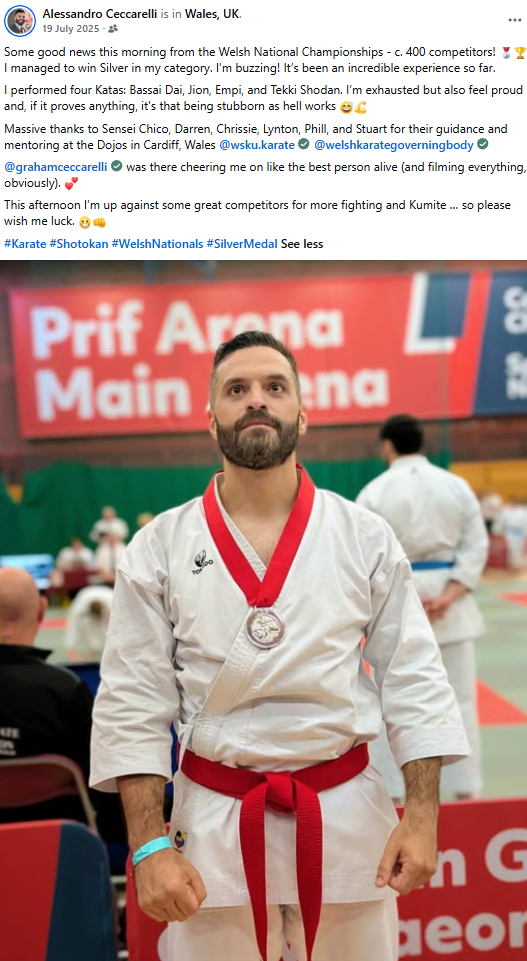 Alessandro wearing his silver medal at the Welsh National Championships.